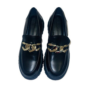Stradivarius Chunky Lug Sole Loafers Black Gold Chain Platform EU 39/ US 8.5